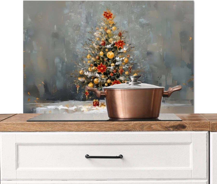 KitchenYeah Spatscherm keuken 90x60 cm Kookplaat achterwand Kerstboom Cadeaus Rood Goud Muurbeschermer Spatwand fornuis Hoogwaardig aluminium