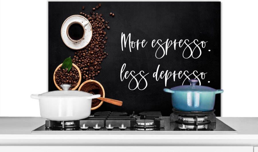 KitchenYeah Spatscherm keuken 90x60 cm Kookplaat achterwand Koffie More espresso Less depresso Quotes Spreuken Muurbeschermer Spatwand fornuis Hoogwaardig aluminium