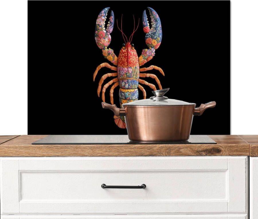 KitchenYeah Spatscherm keuken 90x60 cm Kookplaat achterwand Kreeft Borduur Kleurrijk Bloemen Muurbeschermer Spatwand fornuis Hoogwaardig aluminium