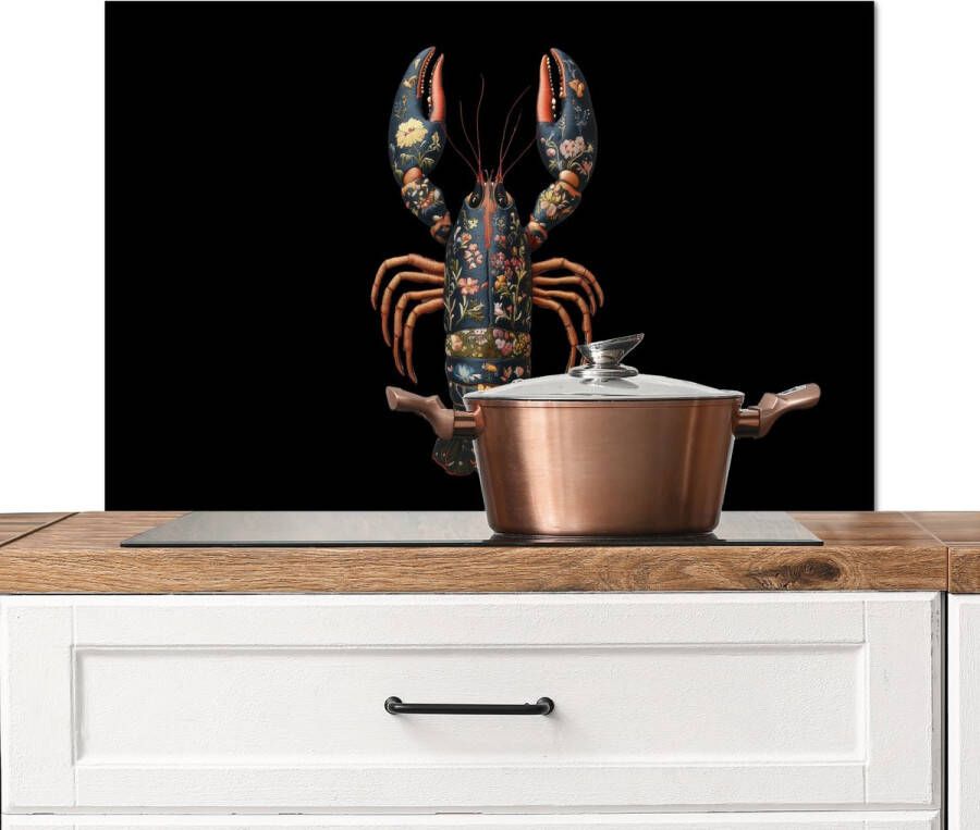 KitchenYeah Spatscherm keuken 90x60 cm Kookplaat achterwand Kreeft Zwart Bloemenpatroon Artistiek Muurbeschermer Spatwand fornuis Hoogwaardig aluminium