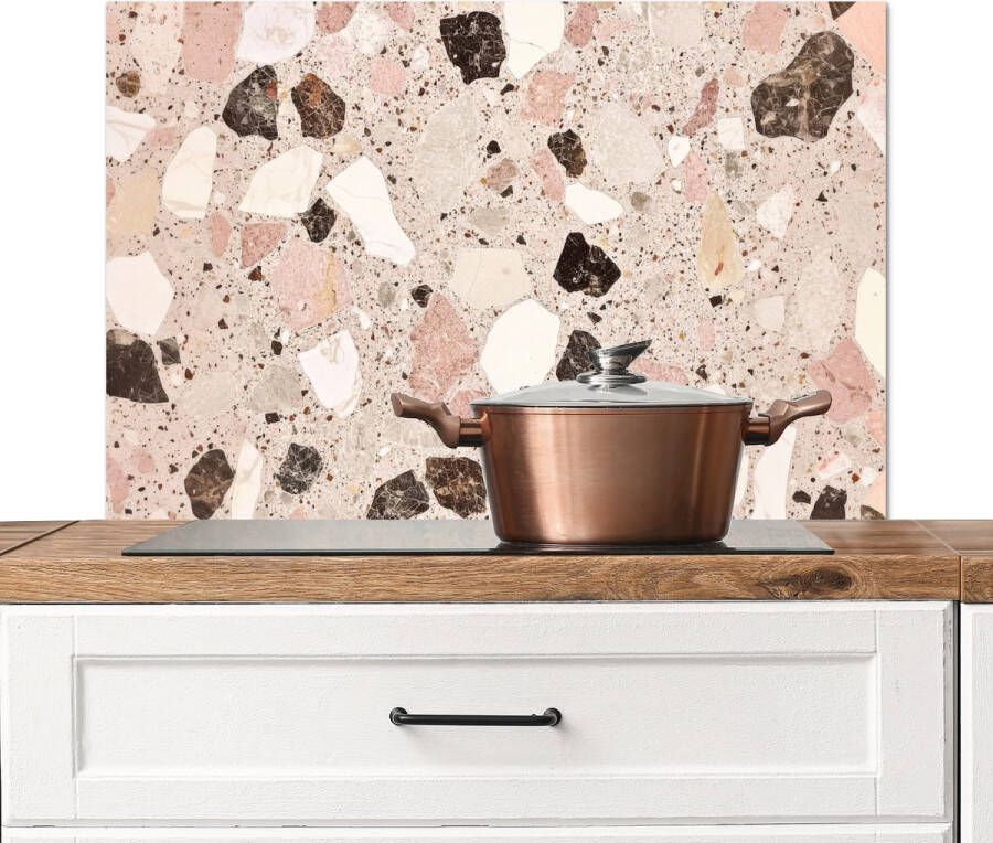 KitchenYeah Spatscherm keuken 90x60 cm Kookplaat achterwand Licht Roze Terrazzo Stenen Muurbeschermer Spatwand fornuis Hoogwaardig aluminium