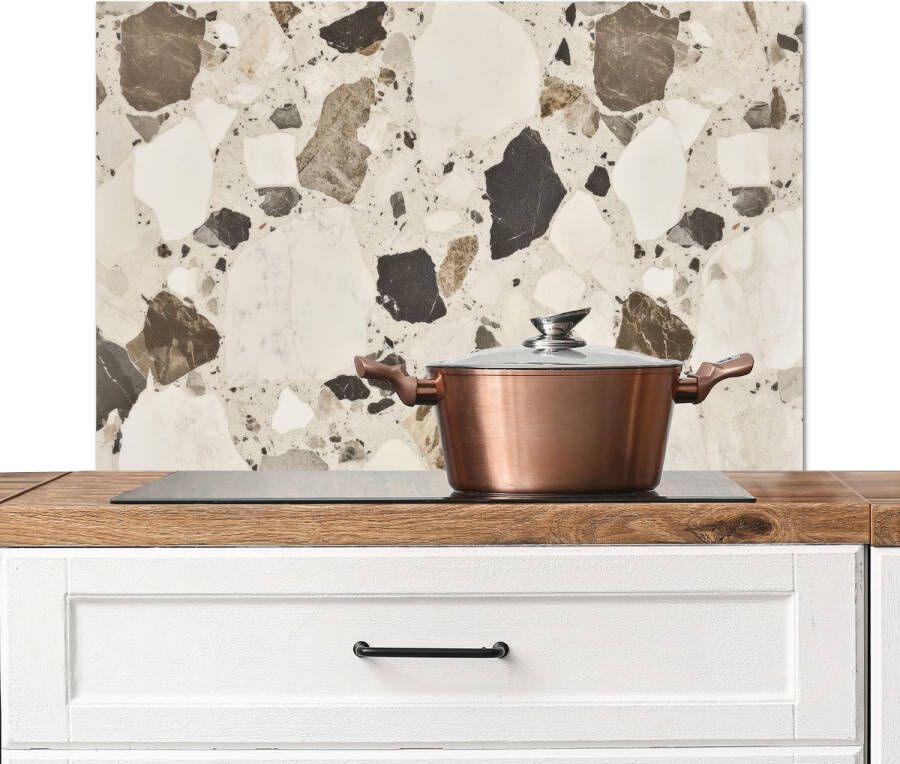KitchenYeah Spatscherm keuken 90x60 cm Kookplaat achterwand Neutral Stenen Decoratie Terrazzo Muurbeschermer Spatwand fornuis Hoogwaardig aluminium