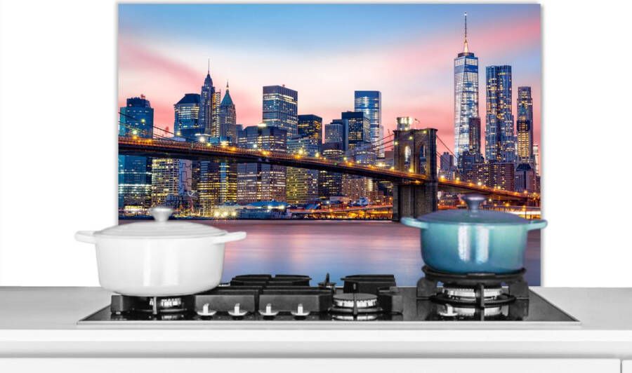 KitchenYeah Spatscherm keuken 90x60 cm Kookplaat achterwand New York Brooklyn bridge Verlichting Muurbeschermer Spatwand fornuis Hoogwaardig aluminium
