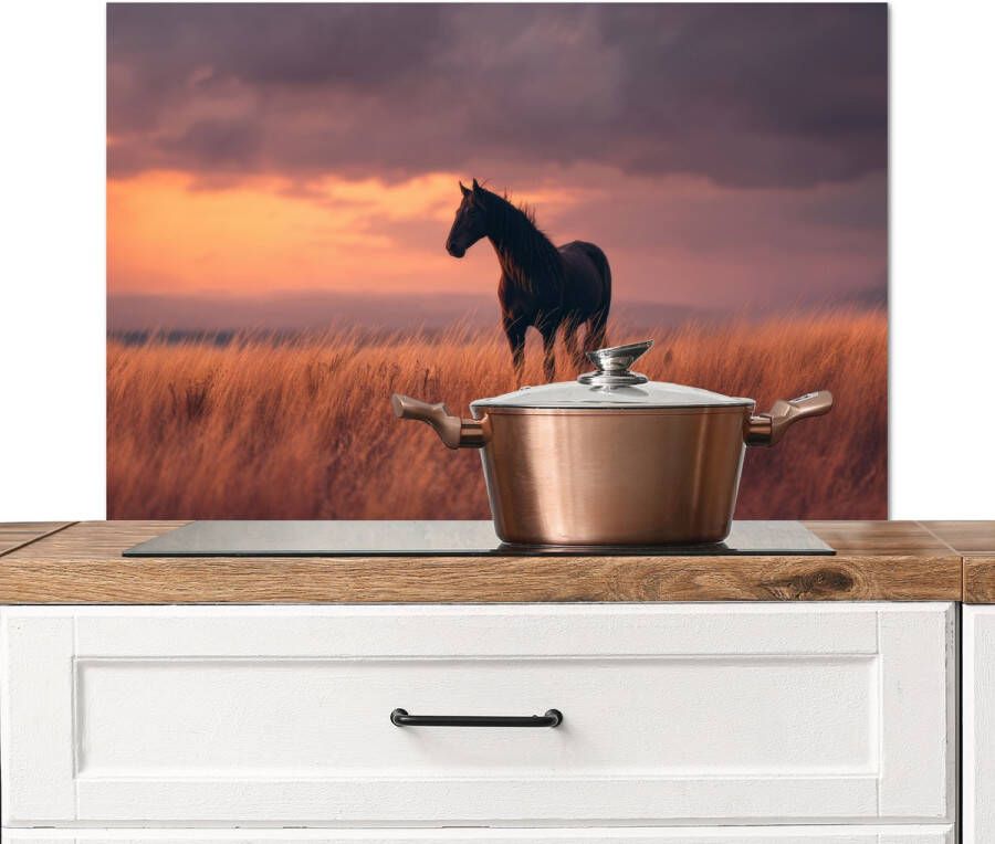 KitchenYeah Spatscherm keuken 90x60 cm Kookplaat achterwand Paard Wolken Open veld Muurbeschermer Spatwand fornuis Hoogwaardig aluminium