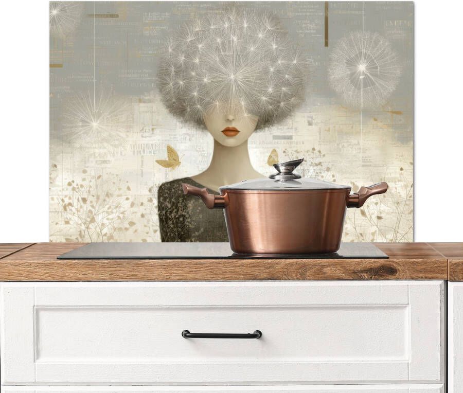 KitchenYeah Spatscherm keuken 90x60 cm Kookplaat achterwand Pluis Vrouw Beige Muurbeschermer Spatwand fornuis Hoogwaardig aluminium