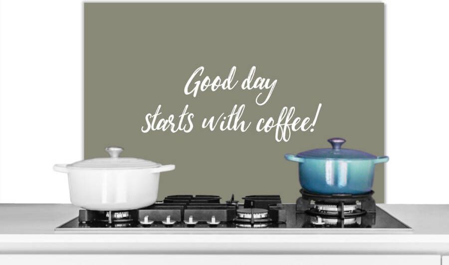 KitchenYeah Spatscherm keuken 90x60 cm Kookplaat achterwand Quotes Good day starts with coffee! Koffie Spreuken Muurbeschermer Spatwand fornuis Hoogwaardig aluminium