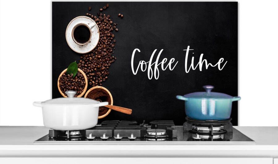 KitchenYeah Spatscherm keuken 90x60 cm Kookplaat achterwand Quotes Spreuken Coffee time Koffie Muurbeschermer Spatwand fornuis Hoogwaardig aluminium