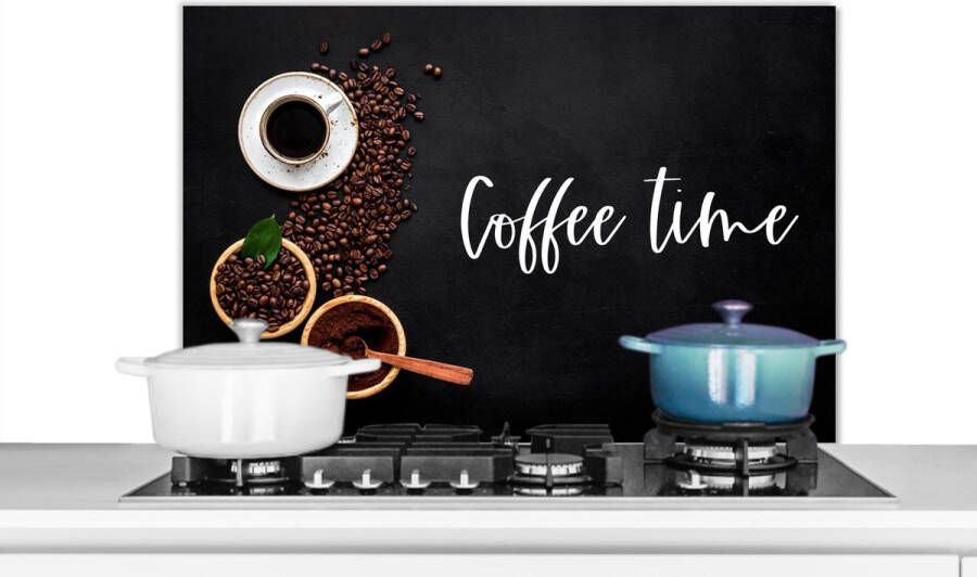 KitchenYeah Spatscherm keuken 90x60 cm Kookplaat achterwand Quotes Spreuken Coffee time Koffie Muurbeschermer Spatwand fornuis Hoogwaardig aluminium