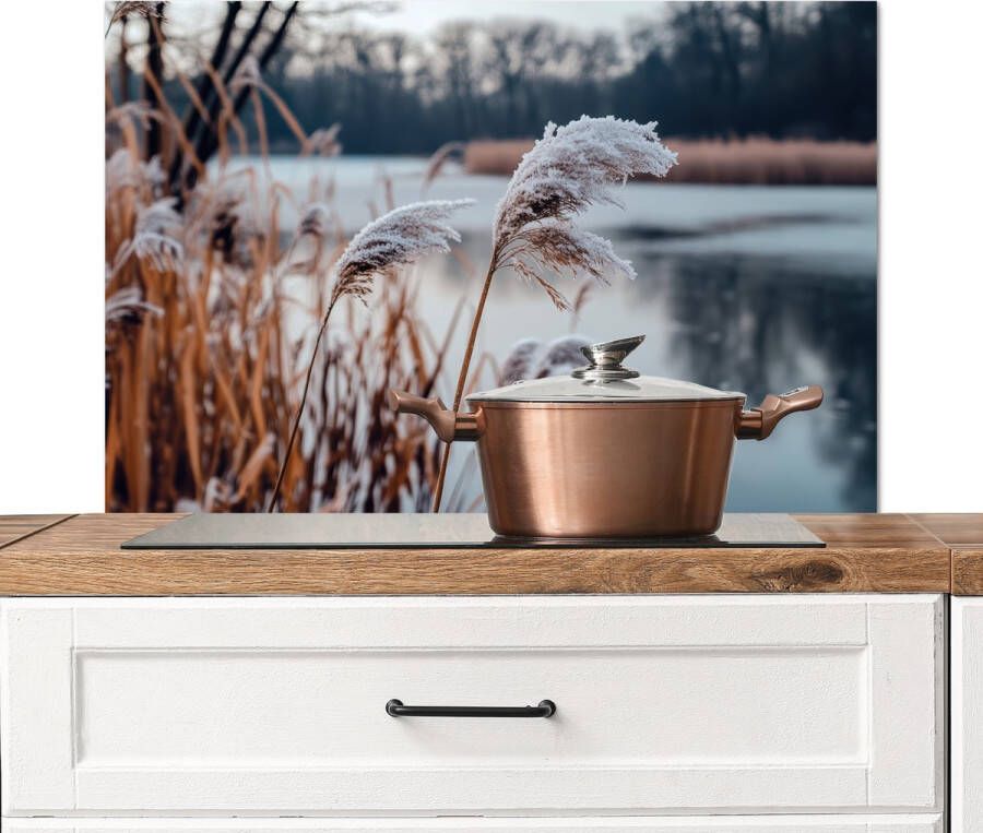 KitchenYeah Spatscherm keuken 90x60 cm Kookplaat achterwand Riet Gras Natuur Winter Meer Muurbeschermer Spatwand fornuis Hoogwaardig aluminium