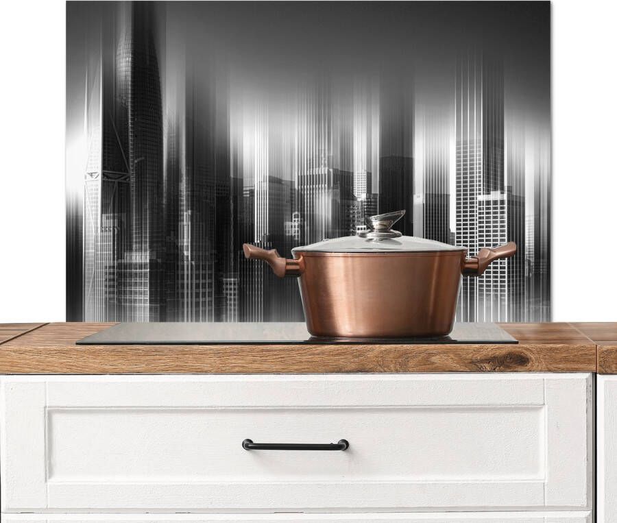 KitchenYeah Spatscherm Keuken Kookplaat Achterwand Spatwand Fornuis 90x60 cm San Francisco Skyline Zwart wit Vervaagd Aluminium Wanddecoratie Muurbeschermer Hittebestendig