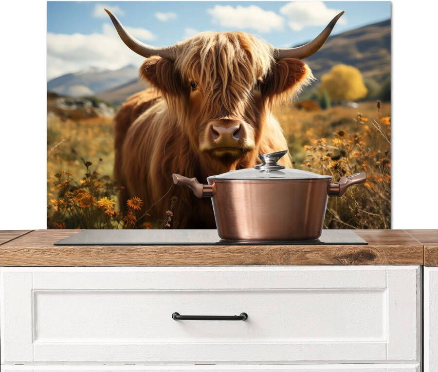 KitchenYeah Spatscherm keuken 90x60 cm Kookplaat achterwand Schotse hooglander Bloemen Hoorns Wolken Muurbeschermer Spatwand fornuis Hoogwaardig aluminium