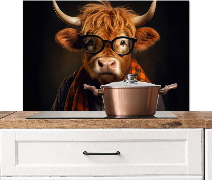 KitchenYeah Spatscherm keuken 90x60 cm Kookplaat achterwand Schotse hooglander Bril Sjaal Dier Muurbeschermer Spatwand fornuis Hoogwaardig aluminium