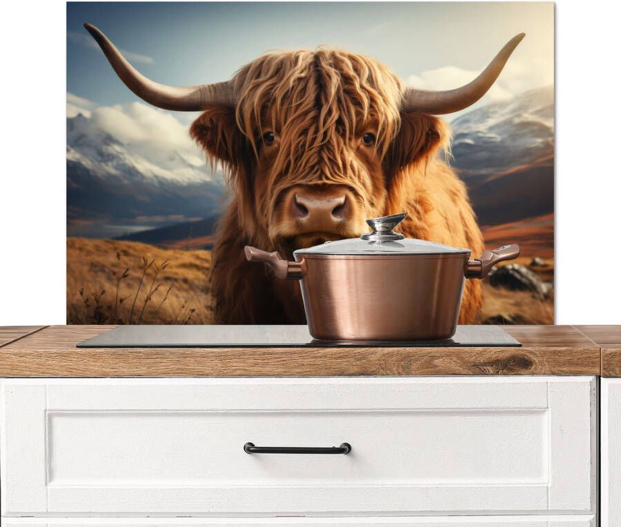 KitchenYeah Spatscherm keuken 90x60 cm Kookplaat achterwand Schotse hooglander Hoorns Bergen Landschap Muurbeschermer Spatwand fornuis Hoogwaardig aluminium