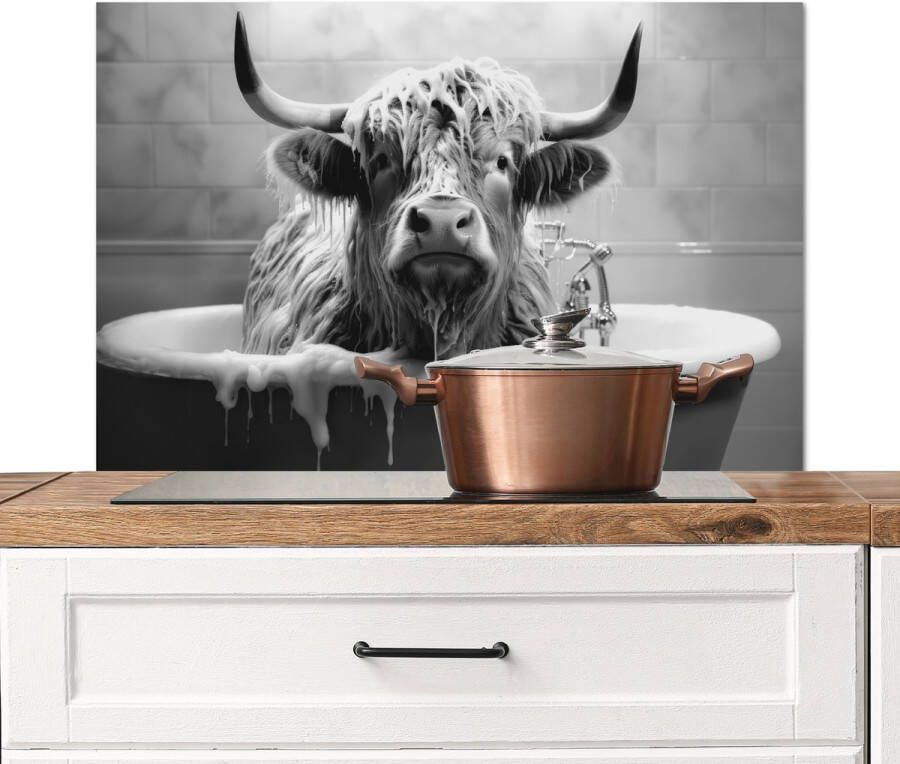 KitchenYeah Spatscherm keuken 90x60 cm Kookplaat achterwand Schotse hooglander Zwart wit Bad Schuim Muurbeschermer Spatwand fornuis Hoogwaardig aluminium