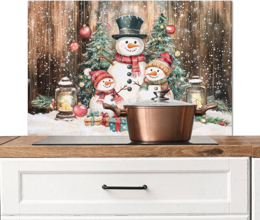 KitchenYeah Spatscherm keuken 90x60 cm Kookplaat achterwand Sneeuwpop Familie Kleurrijk Muurbeschermer Spatwand fornuis Hoogwaardig aluminium