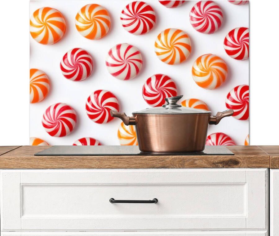 KitchenYeah Spatscherm keuken 90x60 cm Kookplaat achterwand Snoep Patroon Rood Oranje Muurbeschermer Spatwand fornuis Hoogwaardig aluminium