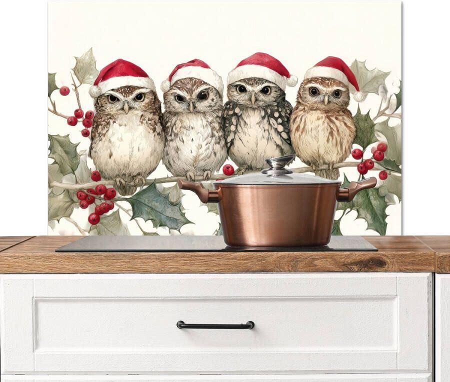 KitchenYeah Spatscherm keuken 90x60 cm Kookplaat achterwand Uilen Tak Hulstblaadjes Kerstmuts Muurbeschermer Spatwand fornuis Hoogwaardig aluminium