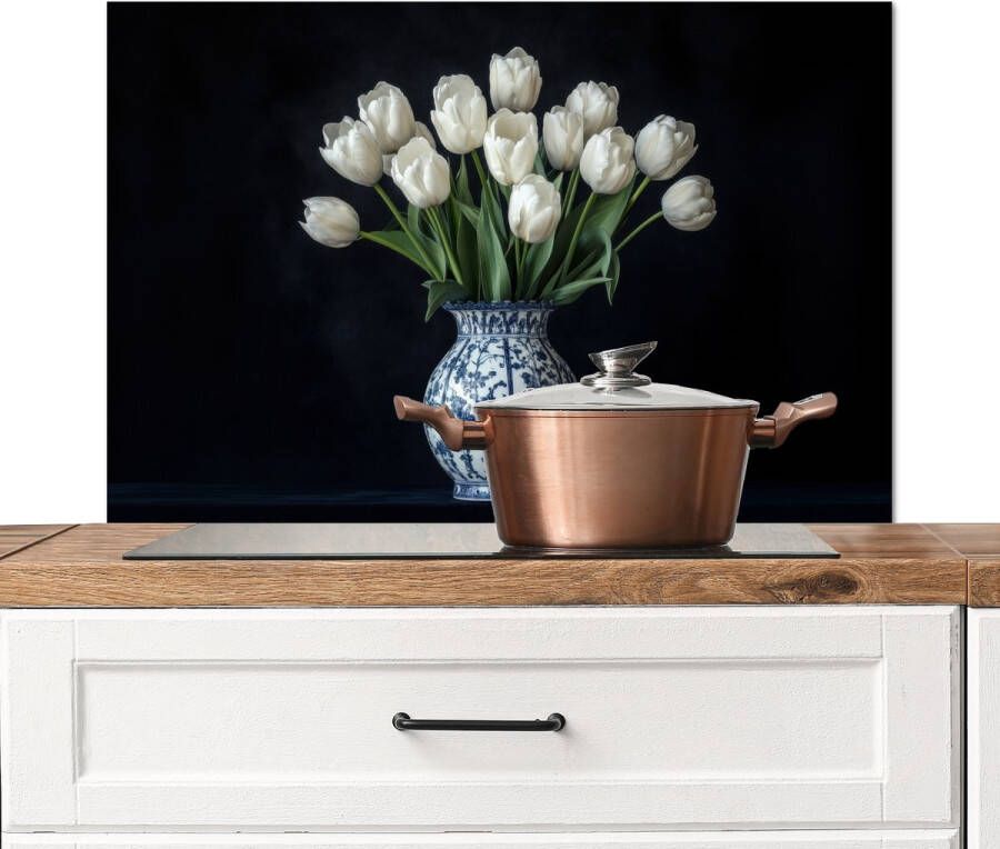 KitchenYeah Spatscherm keuken 90x60 cm Kookplaat achterwand Wit Bloemen Tulpen Vaas Muurbeschermer Spatwand fornuis Hoogwaardig aluminium