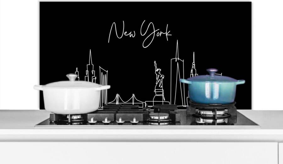 KitchenYeah Spatscherm Keuken Kookplaat Achterwand Spatwand Fornuis 100x50 cm Skyline New York Amerika Stad Line art Aluminium Wanddecoratie Muurbeschermer Hittebestendig