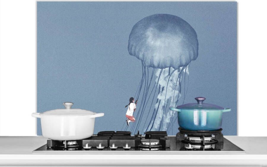 KitchenYeah Spatscherm Keuken Kookplaat Achterwand Spatwand Fornuis 100x65 cm Kinderen Kwal Zeedieren Vintage Aluminium Wanddecoratie Muurbeschermer Hittebestendig