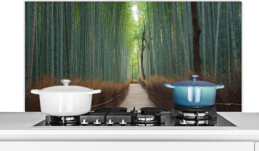 KitchenYeah Spatscherm Keuken Kookplaat Achterwand Spatwand Fornuis 120x60 cm Bamboe Pad Bos Aluminium Wanddecoratie Muurbeschermer Hittebestendig