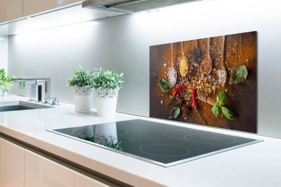 KitchenYeah Spatscherm Keuken Kookplaat Achterwand Spatwand Fornuis 60x40 cm Lepels Kruiden Chilipeper Specerijen Aluminium Wanddecoratie Muurbeschermer Hittebestendig