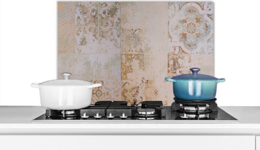 KitchenYeah Spatscherm Keuken Kookplaat Achterwand Spatwand Fornuis 60x40 cm Tegels Vintage Bruin Antiek Aluminium Wanddecoratie Muurbeschermer Hittebestendig