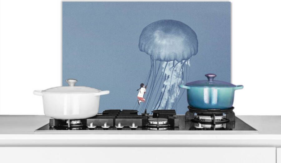 KitchenYeah Spatscherm Keuken Kookplaat Achterwand Spatwand Fornuis 70x50 cm Kinderen Kwal Zeedieren Vintage Aluminium Wanddecoratie Muurbeschermer Hittebestendig