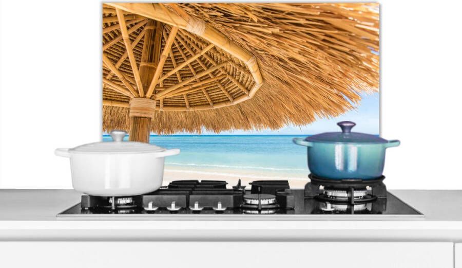 KitchenYeah Spatscherm Keuken Kookplaat Achterwand Spatwand Fornuis 70x50 cm Parasol Strand Zee Tropisch Aluminium Wanddecoratie Muurbeschermer Hittebestendig