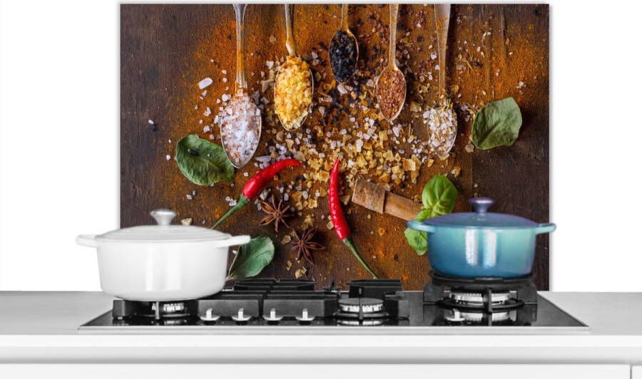KitchenYeah Spatscherm Keuken Kookplaat Achterwand Spatwand Fornuis 80x55 cm Lepels Kruiden Chilipeper Specerijen Aluminium Wanddecoratie Muurbeschermer Hittebestendig