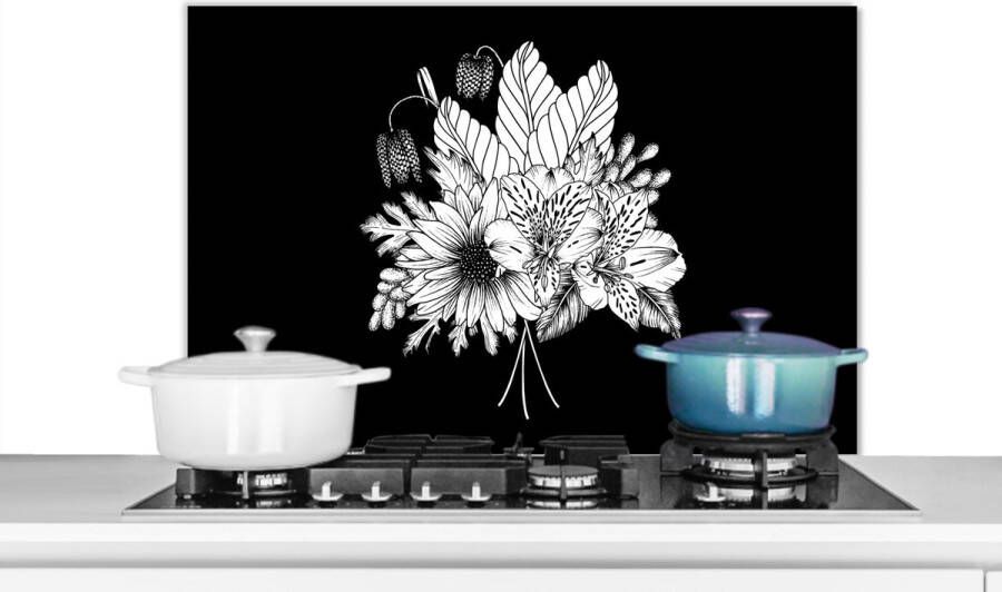 KitchenYeah Spatscherm Keuken Kookplaat Achterwand Spatwand Fornuis 80x55 cm Vintage Bloemen Bladeren Boeket Zwart wit Aluminium Wanddecoratie Muurbeschermer Hittebestendig