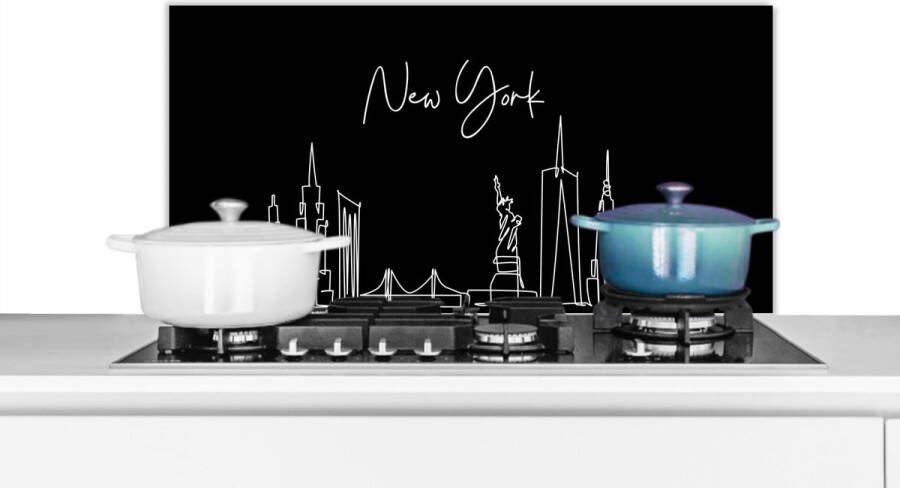 KitchenYeah Spatscherm Keuken Kookplaat Achterwand Spatwand Fornuis 90x45 cm Skyline New York Amerika Stad Line art Aluminium Wanddecoratie Muurbeschermer Hittebestendig