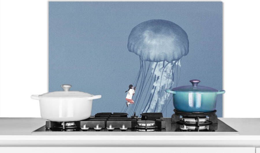 KitchenYeah Spatscherm Keuken Kookplaat Achterwand Spatwand Fornuis 90x60 cm Kinderen Kwal Zeedieren Vintage Aluminium Wanddecoratie Muurbeschermer Hittebestendig
