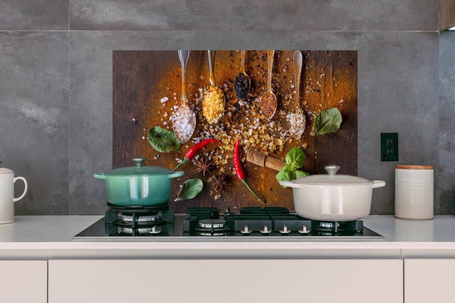 KitchenYeah Spatscherm Keuken Kookplaat Achterwand Spatwand Fornuis 90x60 cm Lepels Kruiden Chilipeper Specerijen Aluminium Wanddecoratie Muurbeschermer Hittebestendig - Foto 2