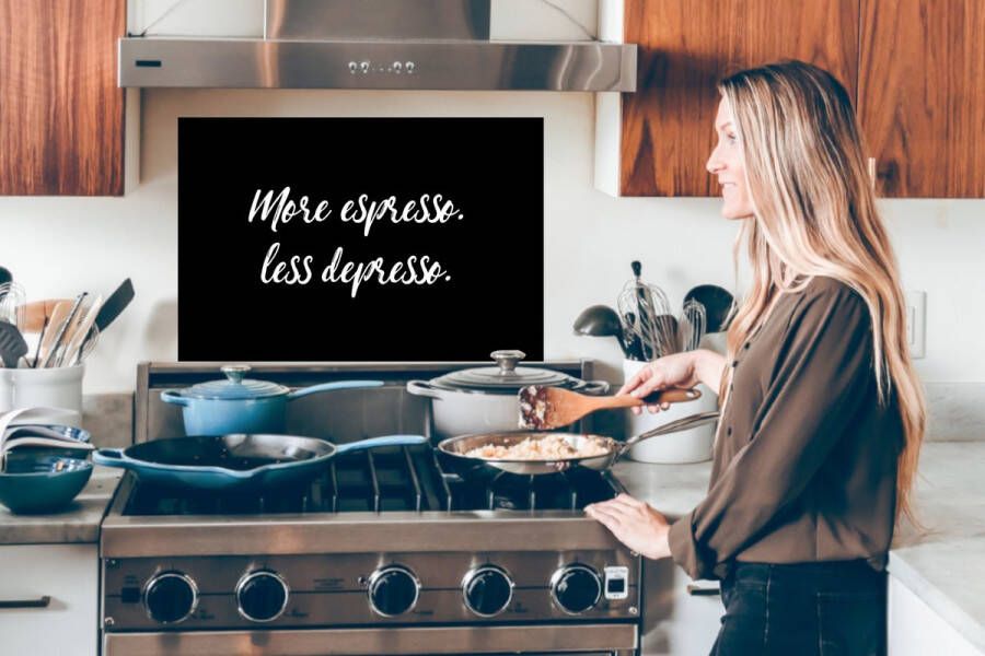 KitchenYeah Spatscherm Keuken Kookplaat Achterwand Spatwand Fornuis 90x60 cm Quotes Koffie More espresso Less depresso Spreuken Espresso Aluminium Wanddecoratie Muurbeschermer Hittebestendig