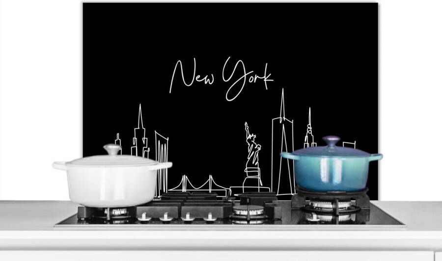 KitchenYeah Spatscherm Keuken Kookplaat Achterwand Spatwand Fornuis 90x60 cm Skyline New York Amerika Stad Line art Aluminium Wanddecoratie Muurbeschermer Hittebestendig