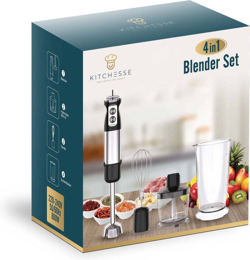 Kitchesse 4 in 1 Staafmixer Set met Hakmolen & Garde Staafmixers Elektrisch Blender Mixer met Mengbeker RVS Handmixer