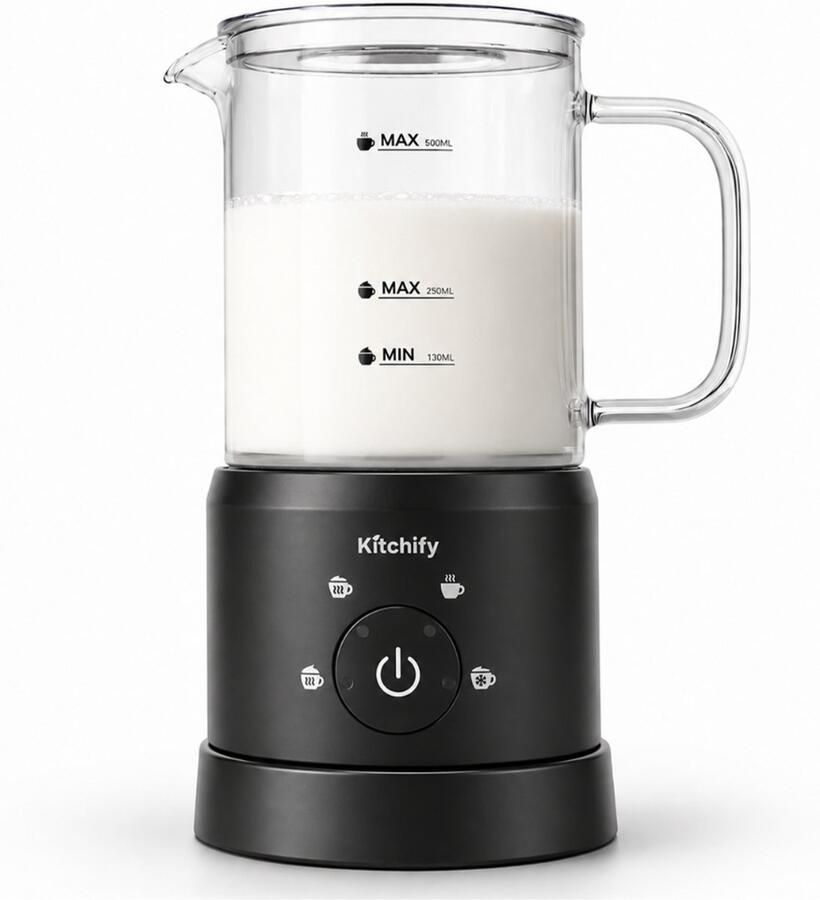 Kitchify Glazen Melkopschuimer Elektrische melkopschuimer Met schenktuit 4 in 1 Milk Frother Zwart