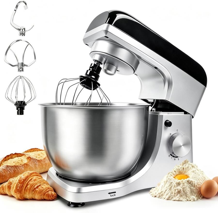 KITYTETY Keukenmachine 8 snelheden + pulsfunctie multifunctionele mixer van 1000 W met kom van 5 l menghaak garde deeghaak Zilver