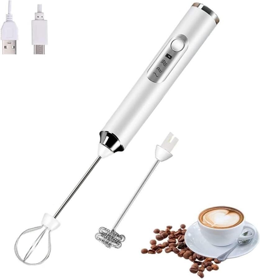 Kivora B.V. Draagbare elektrische melkschuimer met 2 koppen oplaadbaar via USB met 3 snelheden schuimmixer voor latte cappuccino warme chocolademelk en eieren (wit)