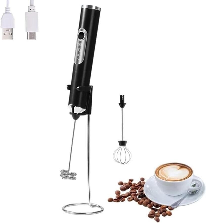 Kivora B.V. Draagbare elektrische melkschuimer met 2 koppen USB-oplaadbaar met 3 snelheden schuimmixer voor latte cappuccino warme chocolademelk en eieren (zwart met standaard)