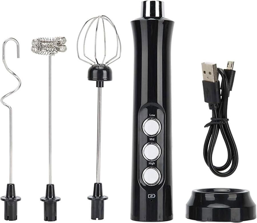 Kivora B.V. Elektrische melkschuimer met 3 verstelbare snelheden USB-oplaadbare eiklopper met 3 mengkoppen compact roestvrijstalen mixer voor koffie matcha latte cappuccino cacao slagroom cocktails en sappen