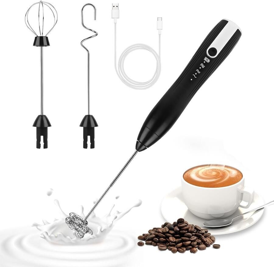 Kivora B.V. Elektrische melkschuimer USB-oplaadbaar met 3 mengkoppen mini-klopper met 3 verstelbare snelheden elektrische eiklopper voor koffie matcha latte en cappuccino