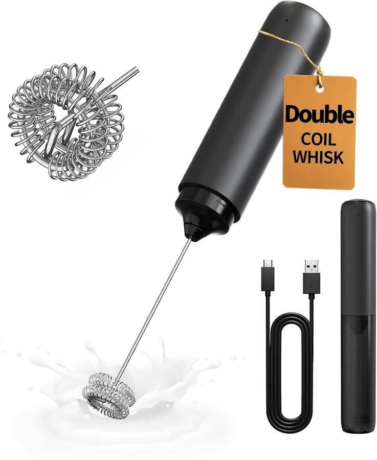 Kivora B.V. Oplaadbare elektrische melkschuimer draadloze handschuimer elektrische mixer met dubbele spiraalklopper draagbare mixer voor koffie latte cappuccino matcha en cocktails zwart