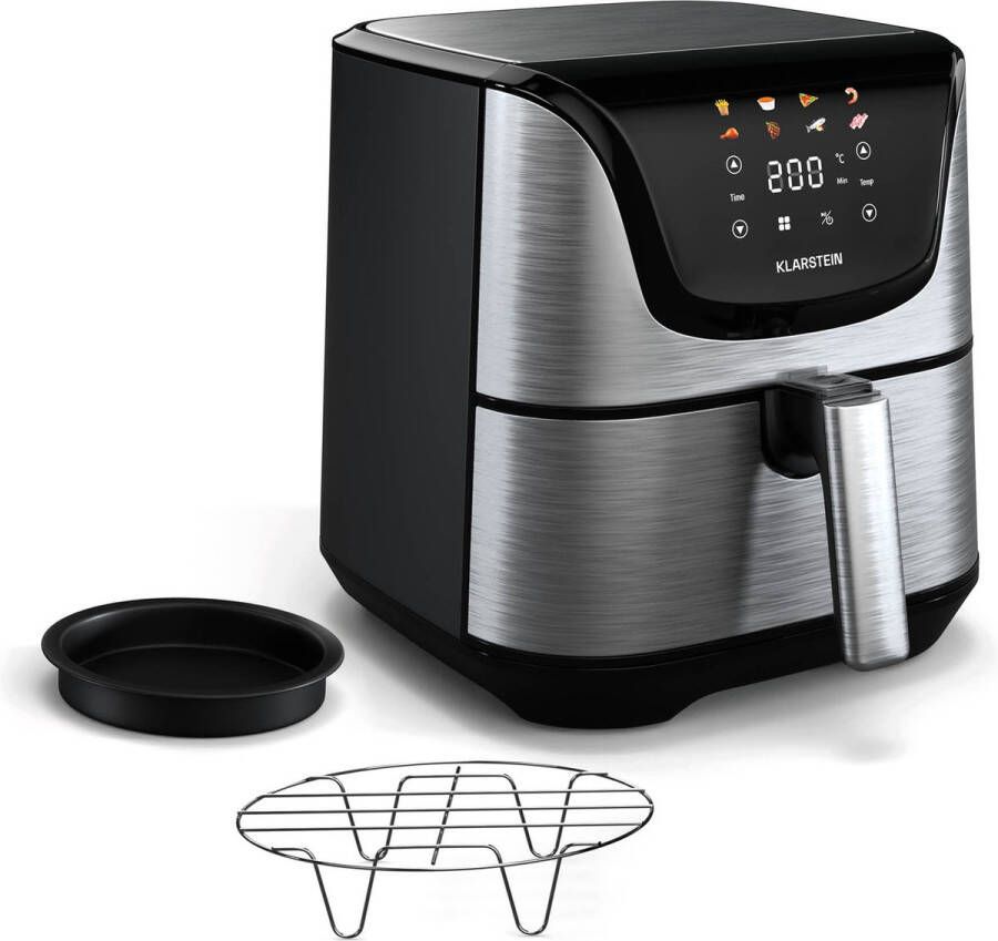 Klarstein Aerovital Deluxe Heteluchtfriteuse Air fryer 1700 W 8 Functies Inclusief Accessoires 200°C Timer Roestvrij staal