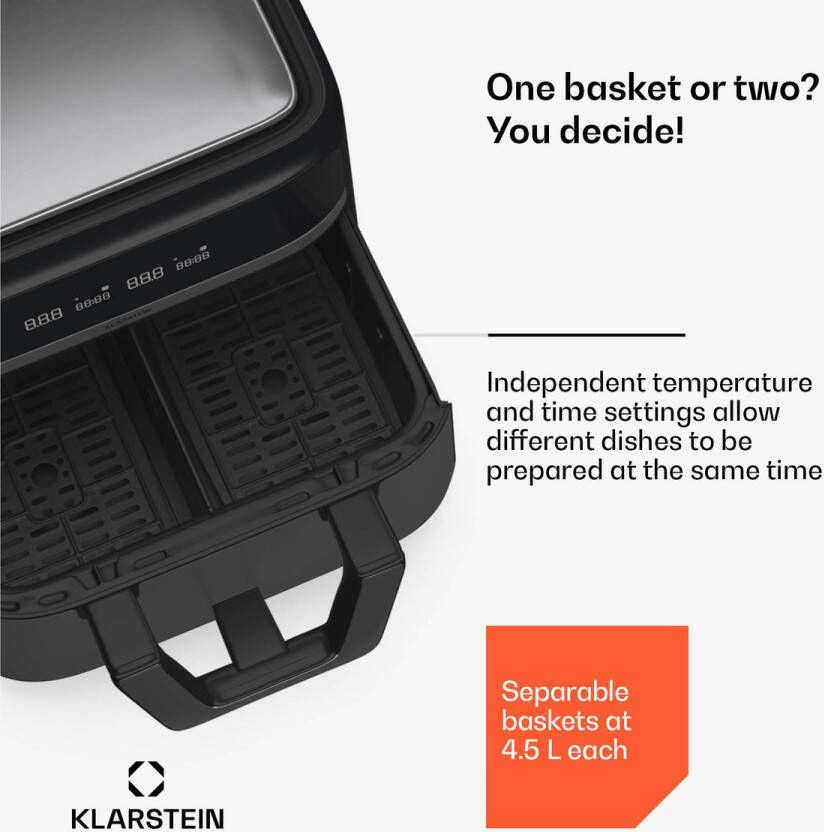 Klarstein Heteluchtfriteuse Airfryer Met 2 Kamers 2850 W 9 Liter Touch bediening Timer Voorverwarmen 6 Modi Grote Heteluchtfriteuse Air Fryer XL Zwart - Foto 2