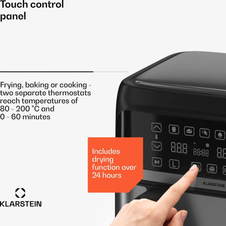 Klarstein Heteluchtfriteuse Airfryer Met 2 Kamers 2850 W 9 Liter Touch bediening Timer Voorverwarmen 6 Modi Grote Heteluchtfriteuse Air Fryer XL Zwart