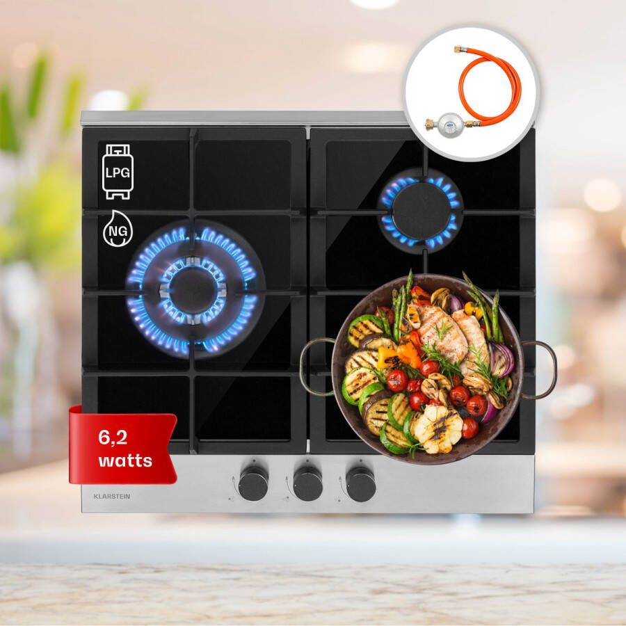 Klarstein Alchemist 3 Gaskookplaat 3-pits Autonoom 60 cm breed Inbouw Aluminium Brander Aardgas Propaangas Veiligheidsventiel vlamuitvalbeveiliging Gietijzeren pannendrager Glaskeramiek RVS Zwart