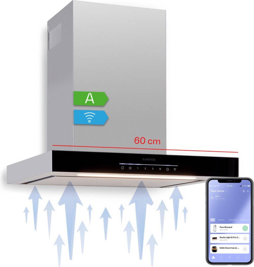 Klarstein Alinea 60 Afzuigkap 60 cm Wifi Wandkap Energielabel A++ Afvoersysteem 500 M³ H Redline Control Digitale Weergave LED Fornuisverlichting Circulatiesysteem: Incl. Actief Koolfilter RVS Zwart - Foto 1