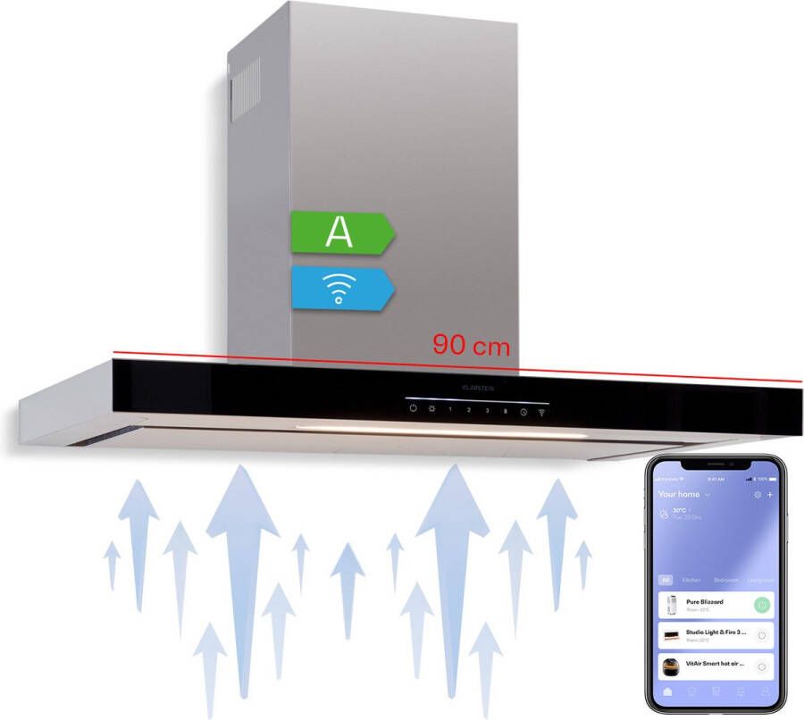 Klarstein Dunstabzugshaube 90 cm Dunstabzugshaube Edelstahl Abzugshaube met Filter Dunstabzug met 577.8m³ h Luftstrom Wandhauben met Wi Fi Steuerung & LEDs Abluft Umluft Dunstabzugshauben 90 cm – geschikt voor thuisfitness en sportschoolgebruik